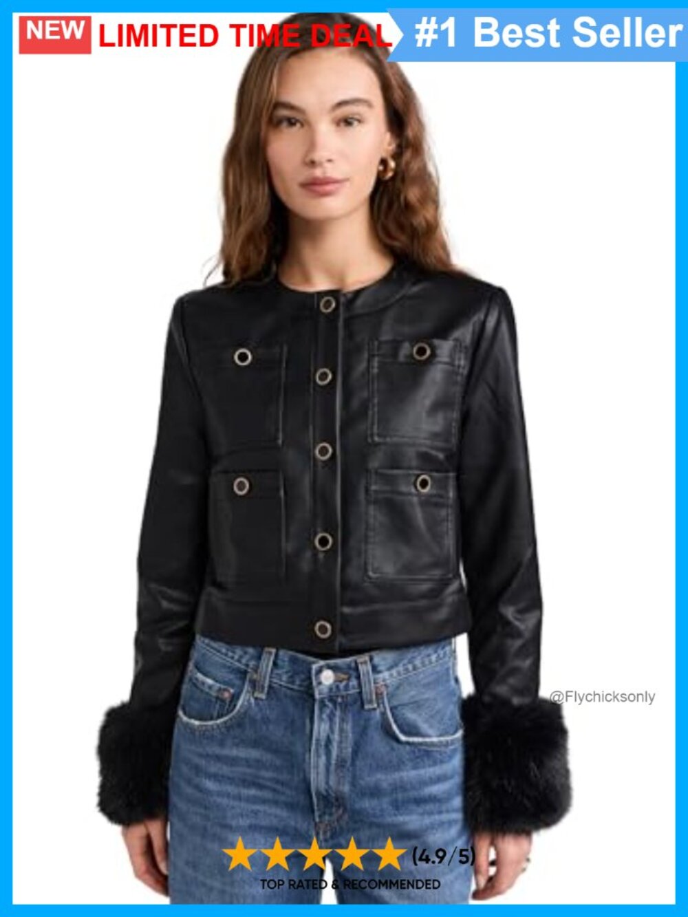Oversized Faux Leather Boxy Jacket Faux Fur Cuffs Button Front